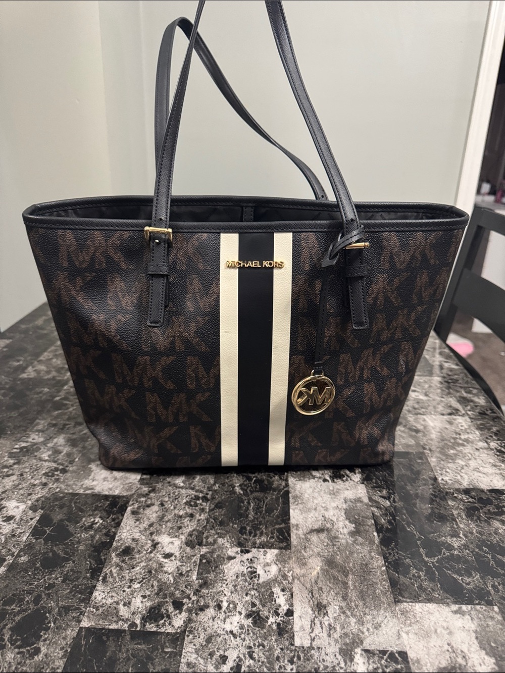 Michael Kors Brown Logo Tote with Black and Cream Center Stripes